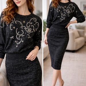 Nilani Vintage Beaded Knit Sweater & Pencil Skirt Set (Size M)